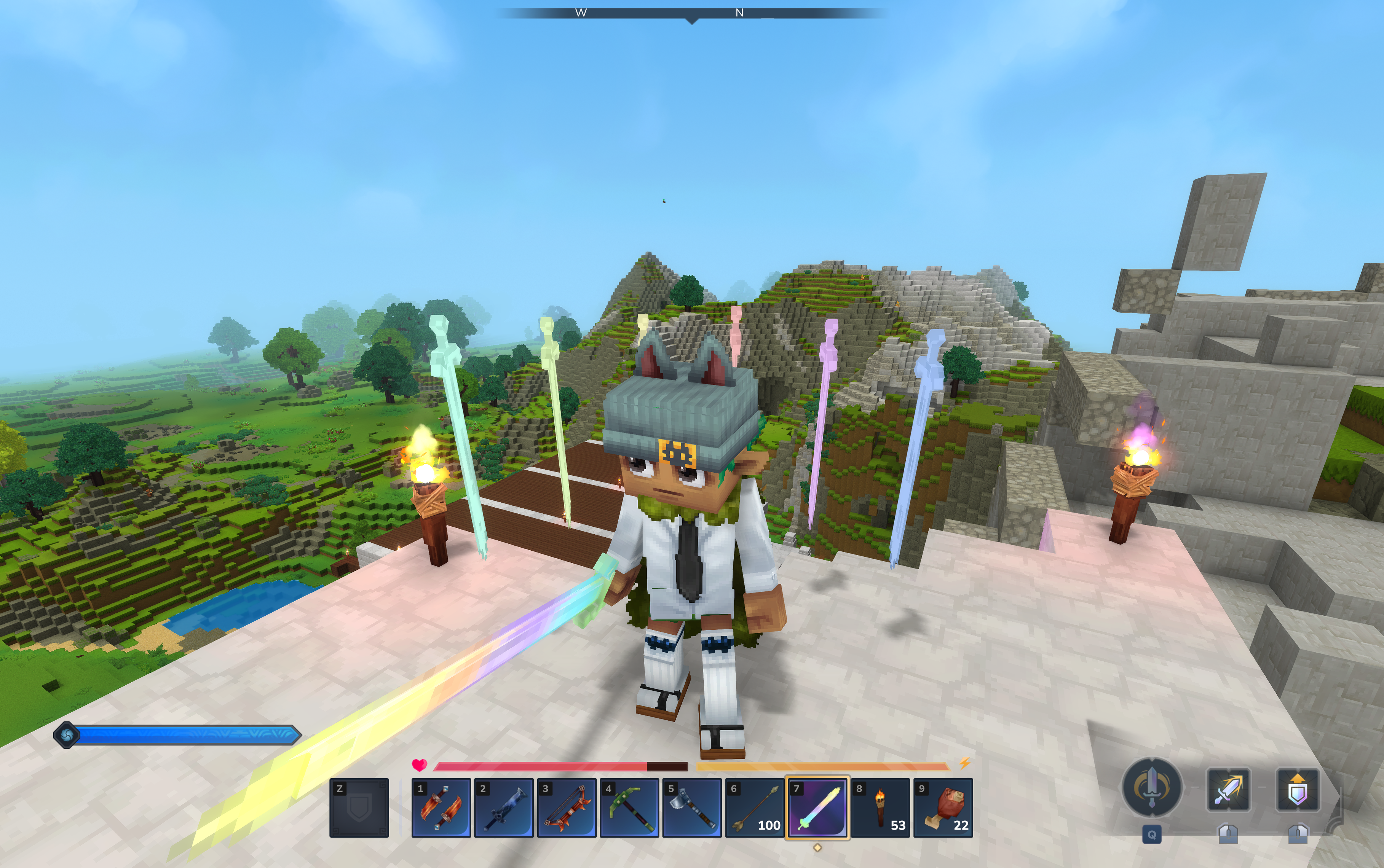 in the center is my Hytale character. i'm holding a rainbow colored sword that mimics the Terraprisma sword from Terraria. i'm standing on some chalk blacks and in the background is a big blue sky and some grass lands